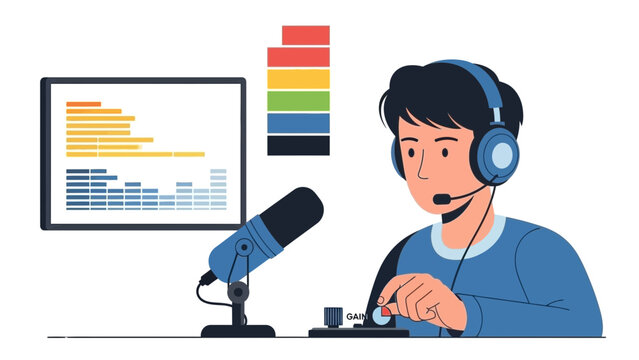 Podcast creator fine tuning audio levels, modern broadcast studio setup, creating engaging content, vector illustration, ideal for media and communication themes