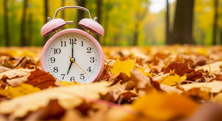 Pink alarm clock in autumn leaves, a symbol of seasonal change and time