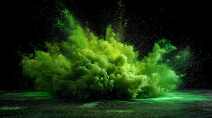 A vibrant cloud of green and yellow powder exploding against a dark background surface