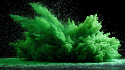 A large explosion of green smoke or powder against a dark background with particles floating