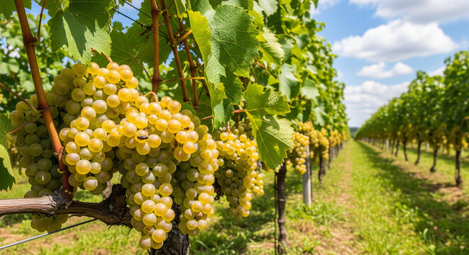 Ripe grapes hanging on the vine in a sunny vineyard ready for harvest