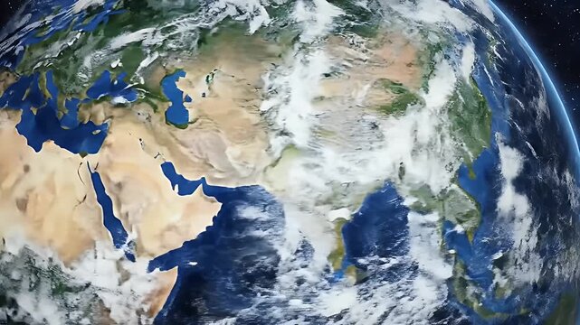 Rotating Earth From Space With Swirling Clouds Over Blue Oceans And Green Continents Under Starry Night Sky