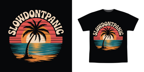 Retro Sunset Beach Palm Tree Illustration with Slow Don’t Panic Text