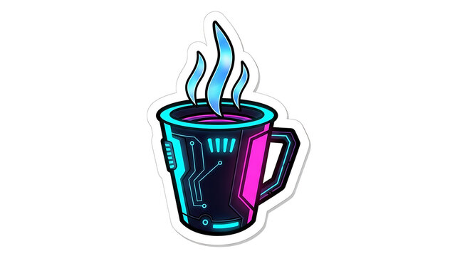 Cyberpunk coffee cup sticker with neon glow, perfect for tech enthusiasts and creatives - Powered by Adobe
