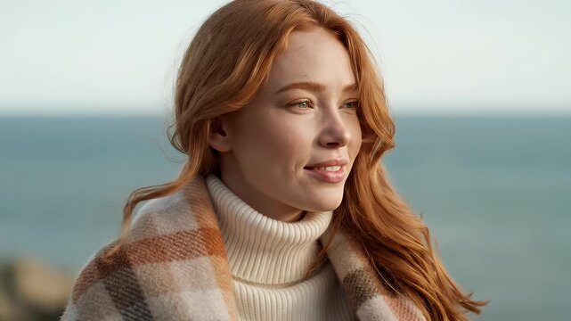 Red Haired Woman Wrapped In Plaid Blanket Enjoying Ocean View On Breezy Day