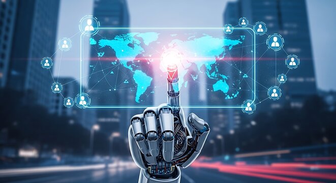 Robotic hand interacting with a digital world map display in a futuristic cityscape with glowing connections