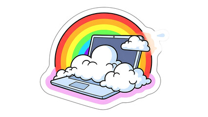 Whimsical laptop with rainbow and clouds for cheerful tech design and creative projects