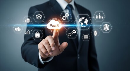 Businessman interacting with cloud computing interface displaying various digital icons representing modern technology and global connectivity in business