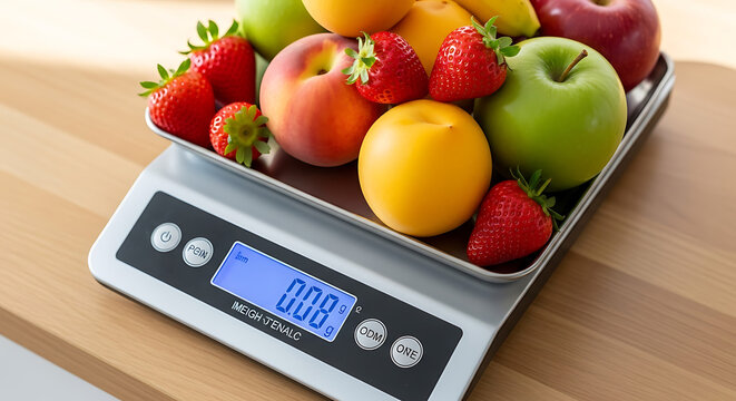 A digital scale displaying zero grams with a tray of various fresh fruits on a wooden surface ai generated