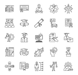A collection of 25 icons of educational qualifications, certifications, experience, skills, competencies, training, bachelor's degrees, diplomas, driving licenses in thin line and white background.