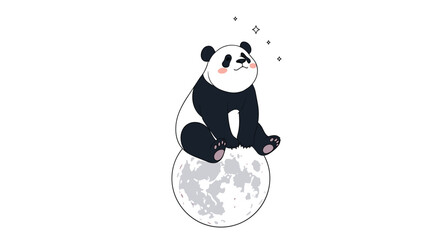 An adorable black and white panda character with a sweet smile sits peacefully on a gray moon, watching sparkling elements float above.