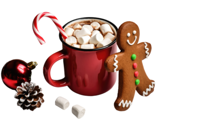 Christmas hot chocolate with marshmallows and cinnamon sticks in a red cup on a white isolated background.