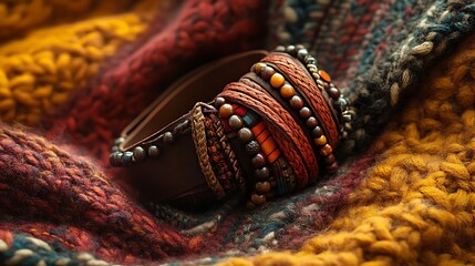 A leather and bead wrap bracelet on a knitted wool blanket earthy tones