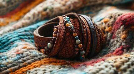 A leather and bead wrap bracelet on a knitted wool blanket earthy tones