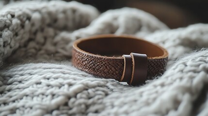 A leather strap bracelet on a knitted wool blanket rustic warmth close up view