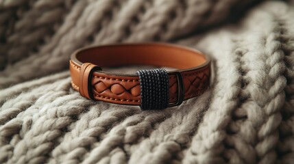 A leather strap bracelet on a knitted wool blanket rustic warmth close up view