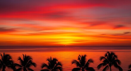 Calm tropical beach scene with palm tree silhouette and dramatic red-orange sunset sky above calm sea water.
