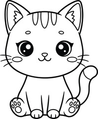 Adorable Chibi Kitten Outline Vector Illustration, Sweet Kawaii Baby Cat Drawing Sitting, Black and White Line Art for Coloring Book, Cartoon Mascot Design.