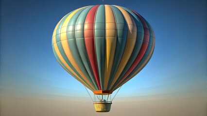 Dreamy colorful hot air balloon ascends into serene blue sky, offering adventure and escape for travel, tourism, and joyful experiences under the sun