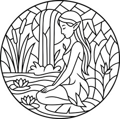 Naklejka premium Water Nymph Stained illustration, Mythic Round Mosaic pattern, Fantasy Creatures Mosaic Clipart, Wizard Mosaic Mandala Design