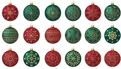 Christmas Ornaments with Intricate Gold Designs on Red and Green Backgrounds.