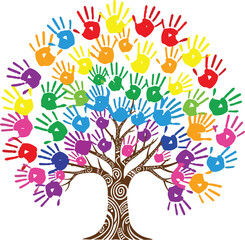 Vibrant Diversity Handprint Tree of Life Representing Community Growth, Inclusion, Unity, and Teamwork; A Global Symbol for Childhood, Education, Support, and Multiracial Collaboration.