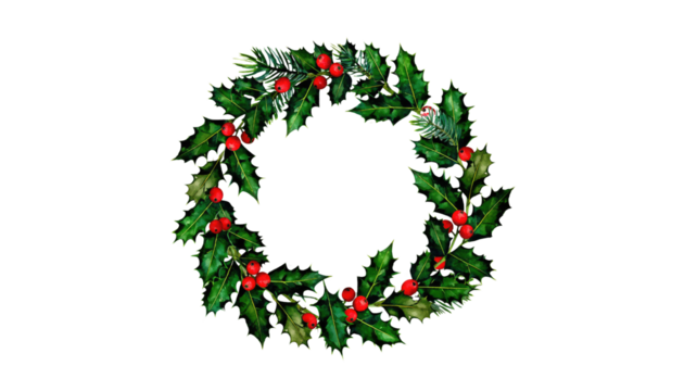Isolated Christmas wreath decoration with red ribbon, holly berries, and pine leaves on white background.