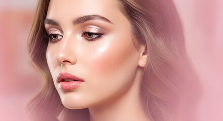 Fototapeta premium Elegant Womans Face with Soft Makeup Pink Tones and Glowing Skin.