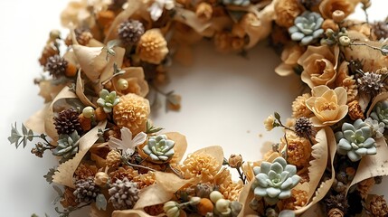Close-up of wreath made of dried flowers and paper ribbon