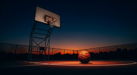 A basketball sits on a court with a hoop and net against a sunset sky in the background outdoors ai generated