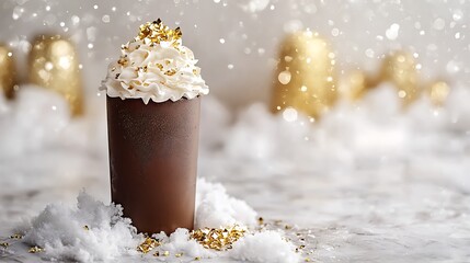 A luxurious dark chocolate milkshake with whipped cream and gold flakes placed on a snowy marble surface