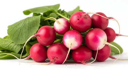 Fresh Radishes with Green Leaves on White Background 1.