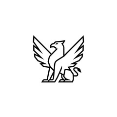 Obraz premium Minimalist flat design logo of majestic griffin with outstretched wings, a symbol of strength and vigilance vector logo template