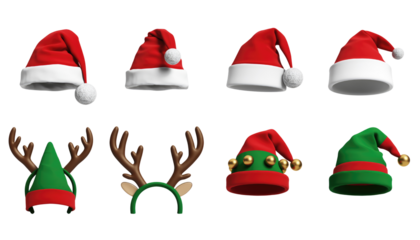 Set of vector cartoon Christmas and New Year Santa Claus holiday hats, caps, and symbols
