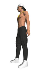 A man wearing a white cap, black pants, and sneakers stands against a plain white background.