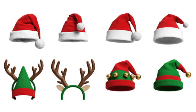 Set of vector cartoon Christmas and New Year Santa Claus holiday hats, caps, and symbols