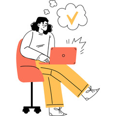 Woman Sitting In A Chair Working On A Laptop With A Check Mark In A Thought Bubble Suggesting Completion And Success