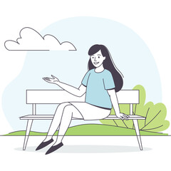 Woman Sitting On A Park Bench On A Sunny Day With A Cloud In The Sky And Green Bushes In The Background