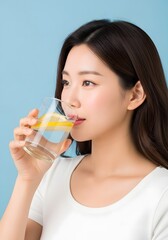 Refreshing Hydration Asian Woman Drinking Lemon Water on Blue Background.