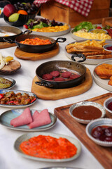 Colorful spread of traditional turkish dishes at a festive gathering