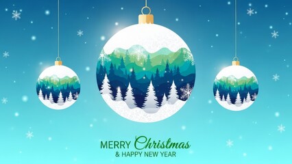 Three hanging white christmas ornaments featuring a stylized blue and green winter forest scene against a snowy blue background with text