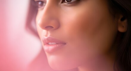 Serene Womans Profile Soft Pink Light Illuminating Natural Skin and Lips.