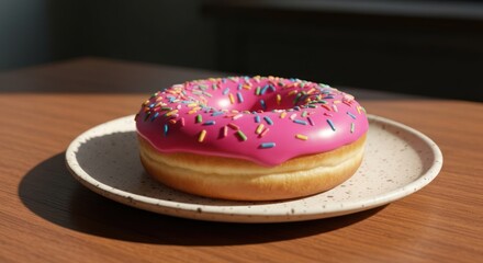 A glazed donut with pink icing and sprinkles rests on a speckled plate on a table