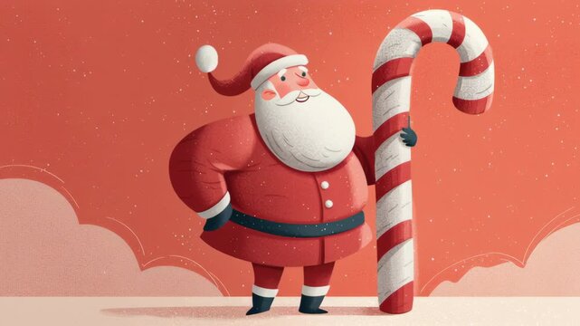 Santa for kids storybook, christmas, joyful santa holding a giant candy cane, charming cartoon style, bright warm holiday colors, kid-friendly illustration