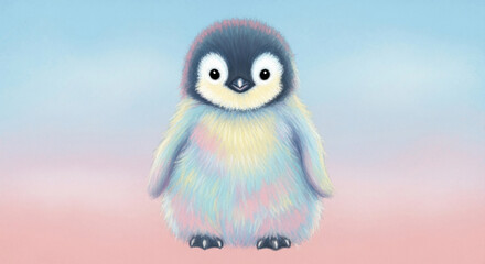 Cute Penguin Illustration: An adorable illustration of a fluffy penguin chick with vibrant pastel colors, exuding charm and cuteness, set against a soft background
