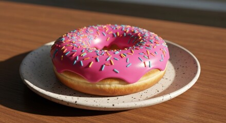 A glazed donut with pink icing and sprinkles rests on a speckled plate on a wood table