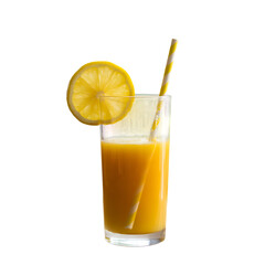 Fototapeta premium Tall glass of orange juice with lemon slice and striped straw