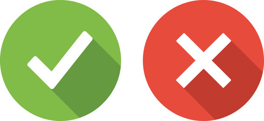 Green check mark and red cross icons set in flat design with long shadow, symbolizing approval, correctness, success, confirmation, rejection, failure, and incorrectness for user interface elements.