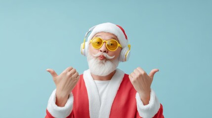Hip Santa Claus wearing white headphones and yellow sunglasses, giving thumbs up, embodies festive cheer and modern holiday spirit with vibrant colors