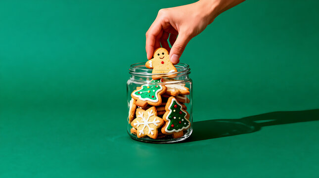 Hand Taking Gingerbread Man Cookie from Jar on Vibrant Green Background